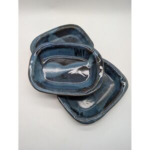 Set of 3 Studio Art Pottery Rectangular Plates Glazed Stoneware Handmade Signed